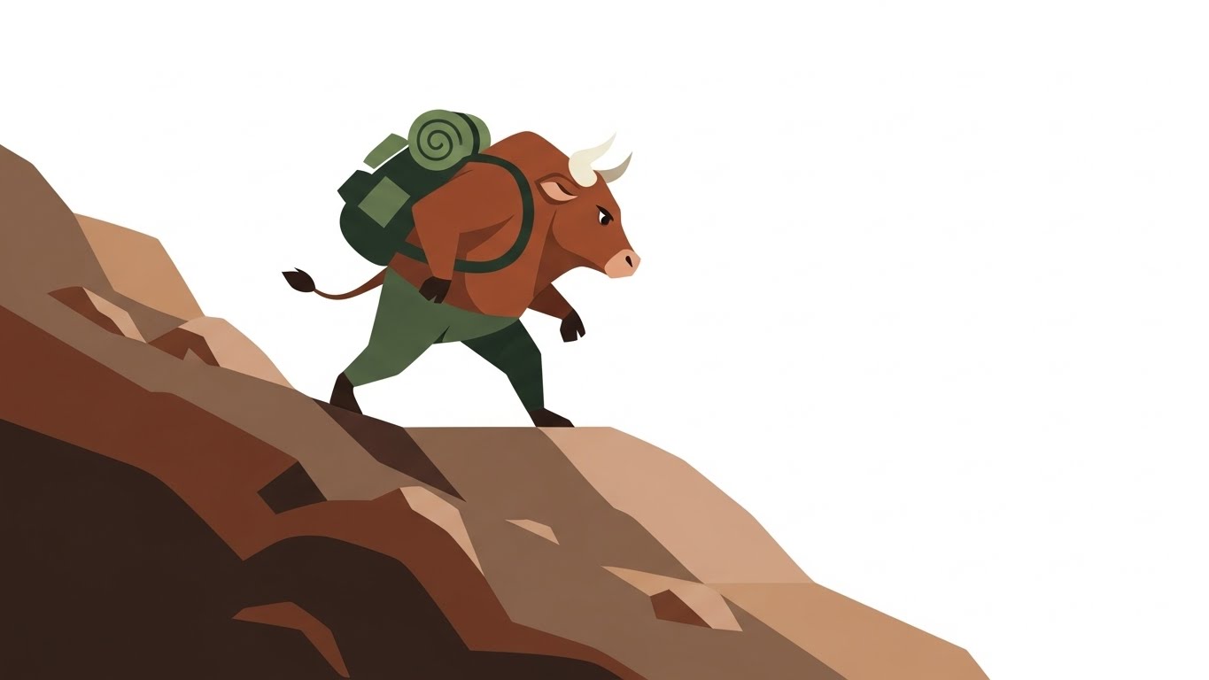 배낭을 메고 바위 언덕을 묵묵히 걸어 올라가는 끈기 있는 소 캐릭터 일러스트