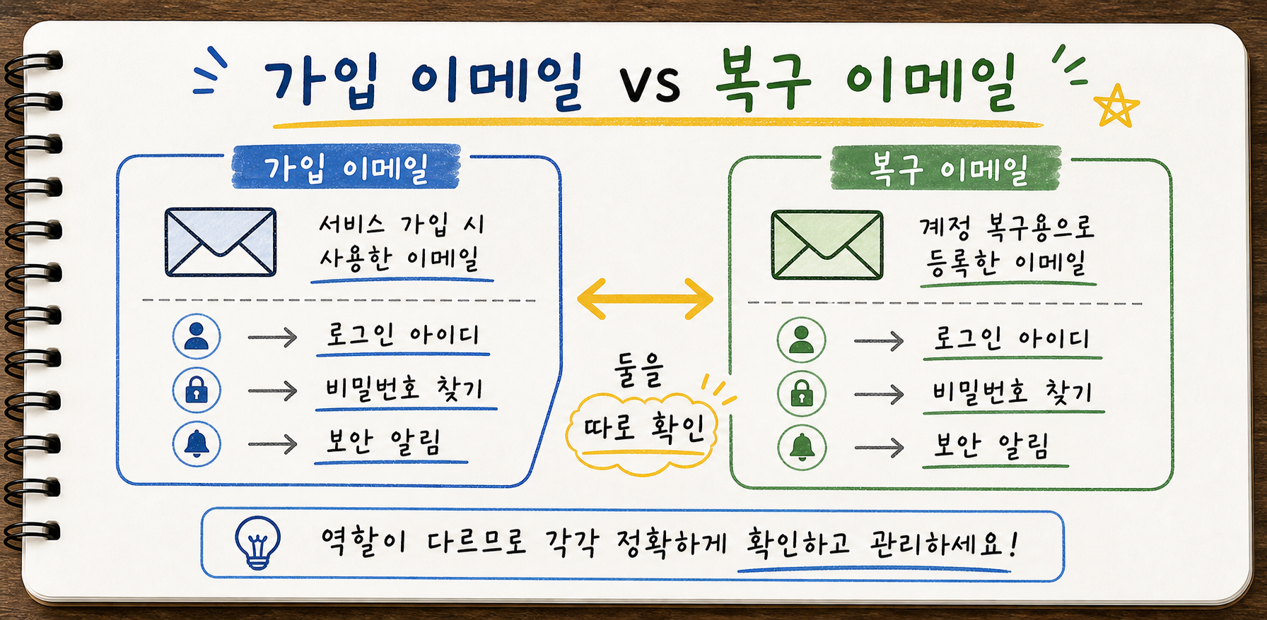 가입 이메일과 복구 이메일을 로그인 아이디 비밀번호 찾기 보안 알림 역할로 구분하는 가로형 손글씨 카드