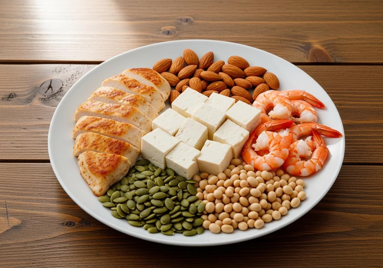 아르기닌이 풍부한 식품 재료들 &mdash; 닭가슴살, 두부, 견과류, 해산물