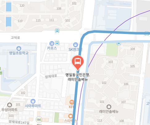 명일동국민은행.래미안솔베뉴에서 인천공항 리무진 공항버스(6300번) 지도 위치