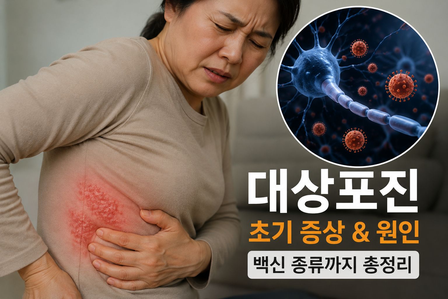 대상포진의 증상으로 한쪽 옆구리에 통증을 느끼는 여성의 모습