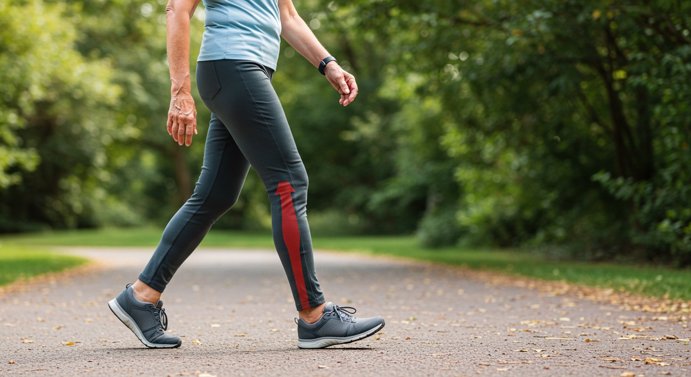 60대 노인이 안정적인 자세로 걷는 모습, 약간 넓은 보폭과 바른 자세 강조