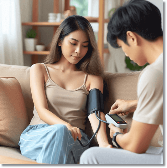 고혈압 아내 혈압을 측정하는 남편