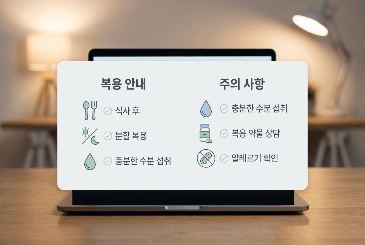 영양제 루틴을 위한 복용 안내 인포그래픽으로 식사 후 섭취와 아침·저녁 분할 복용을 권장하는 흐름을 보여준다. 주의 사항으로 수분 섭취, 복용 중인 약 상담, 알레르기 확인을 안내한다.
