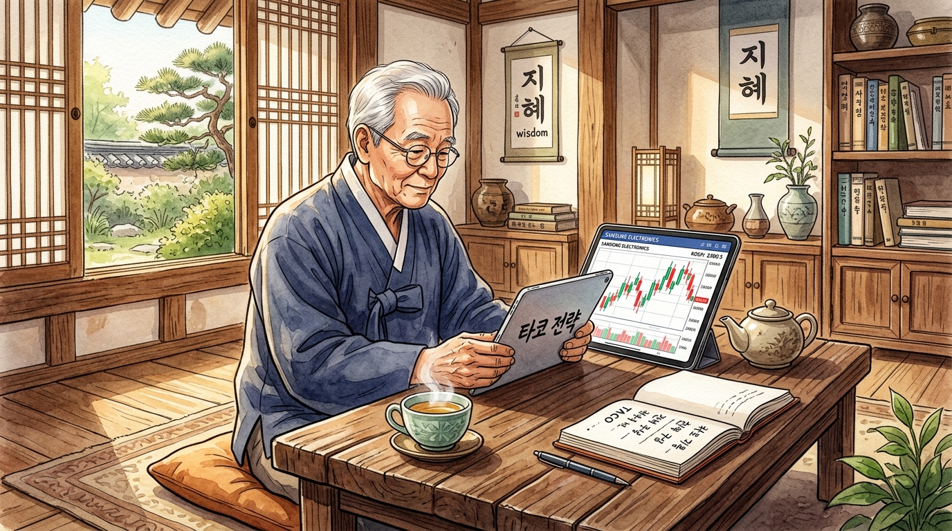 테블릿 pc를 통해 타코의 의미를 알고 타코 전략을 세우는 지혜로운 시니어의 모습.