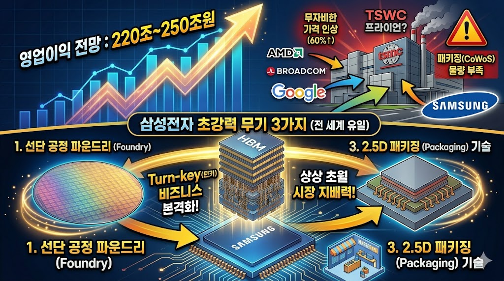 삼성전자 영업이익 전망 그래프와 파운드리, 메모리, 패키징을 잇는 턴키 비즈니스 구조도