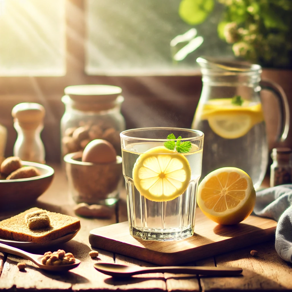 "햇살이 비치는 나무 테이블 위에 놓인 따뜻한 레몬 물 한 잔"