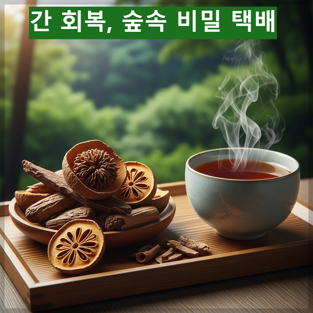 울창한 한국의 숲속에서 채취한 갈색 헛개나무 열매와 정갈하게 달여진 진한 헛개나무 차 한 잔이 놓인 건강한 이미지