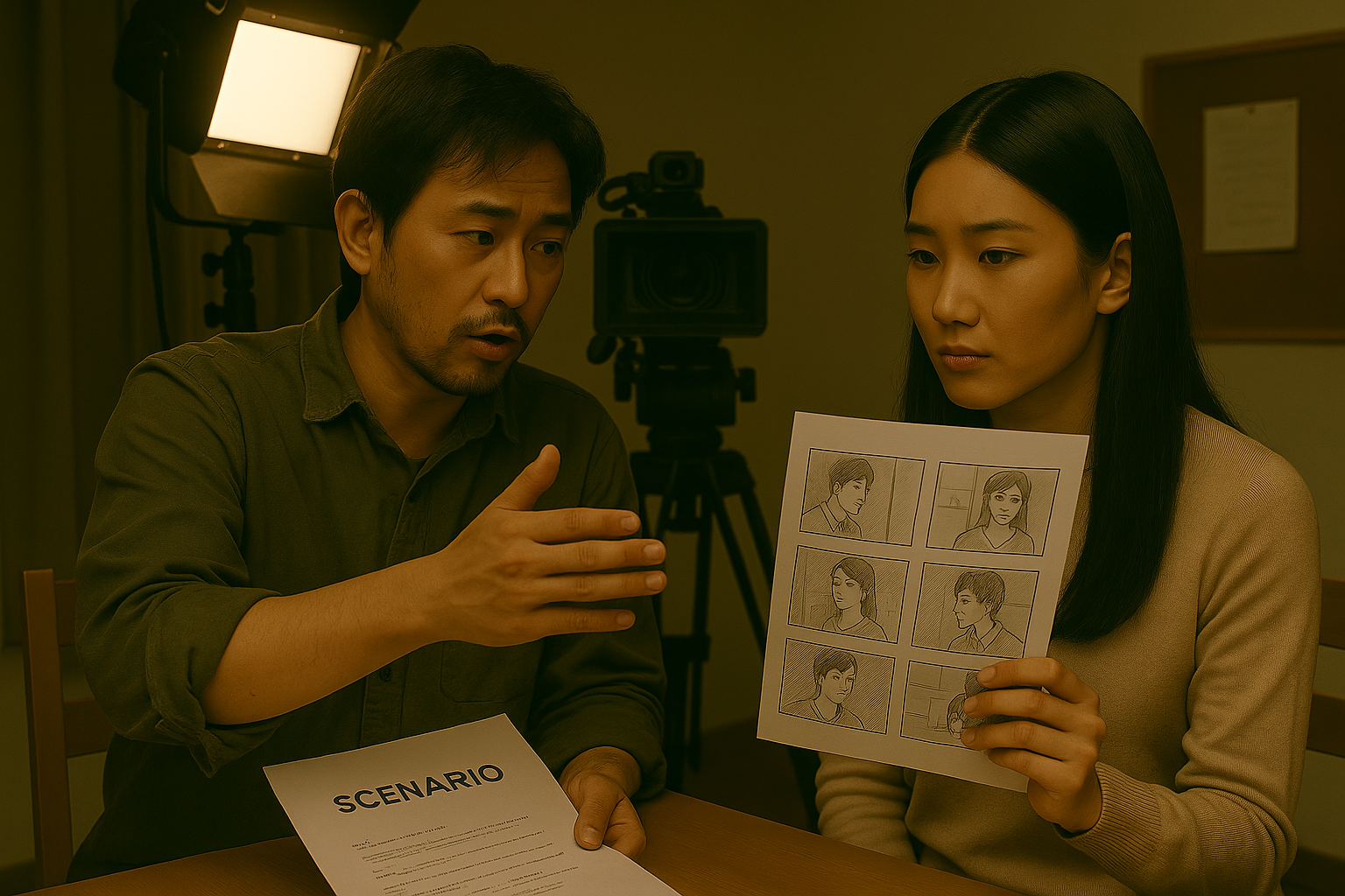 감독이 시나리오와 콘티를 설명하는 장면