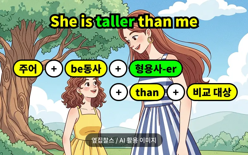 키 작은 여성과 키 큰 여성이 언덕에서 서로를 바라보고 있다.