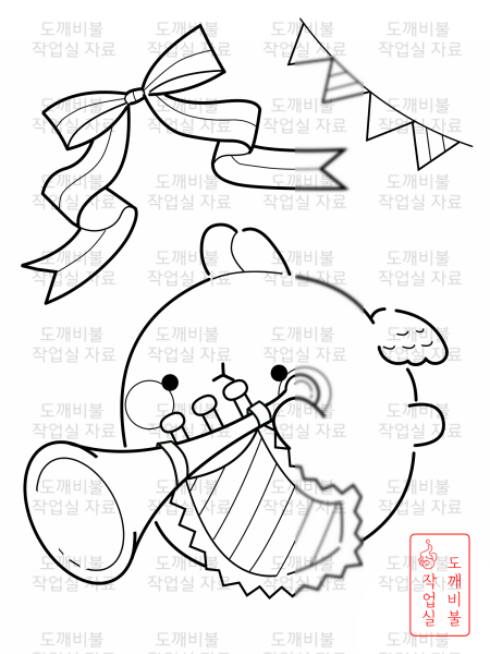 나팔 몰랑이 색칠공부도안-리본과 삼각가랜드를 배경으로 나팔부는 몰랑이 그림