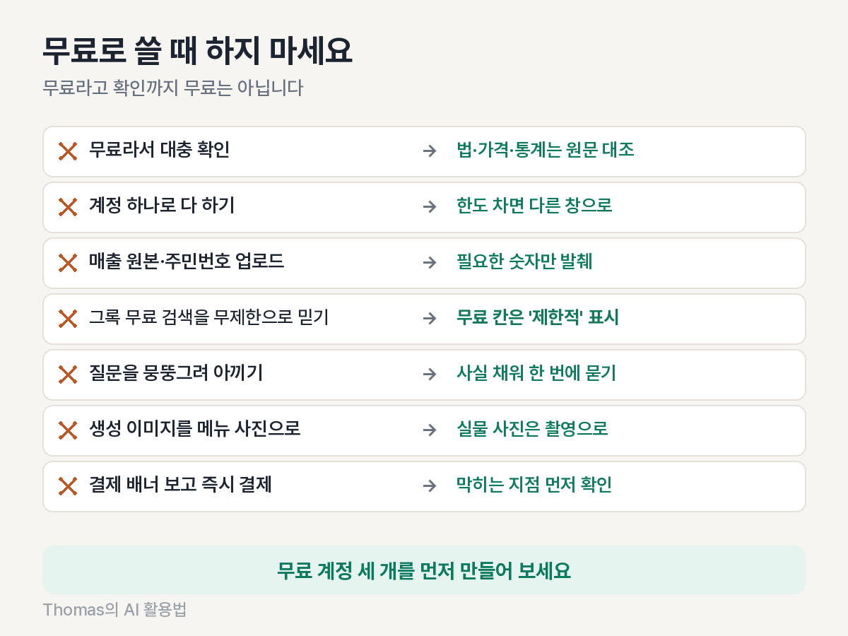 무료 AI 쓸 때 하지 말아야 할 실수 체크리스트 (10월 5일 재확인)