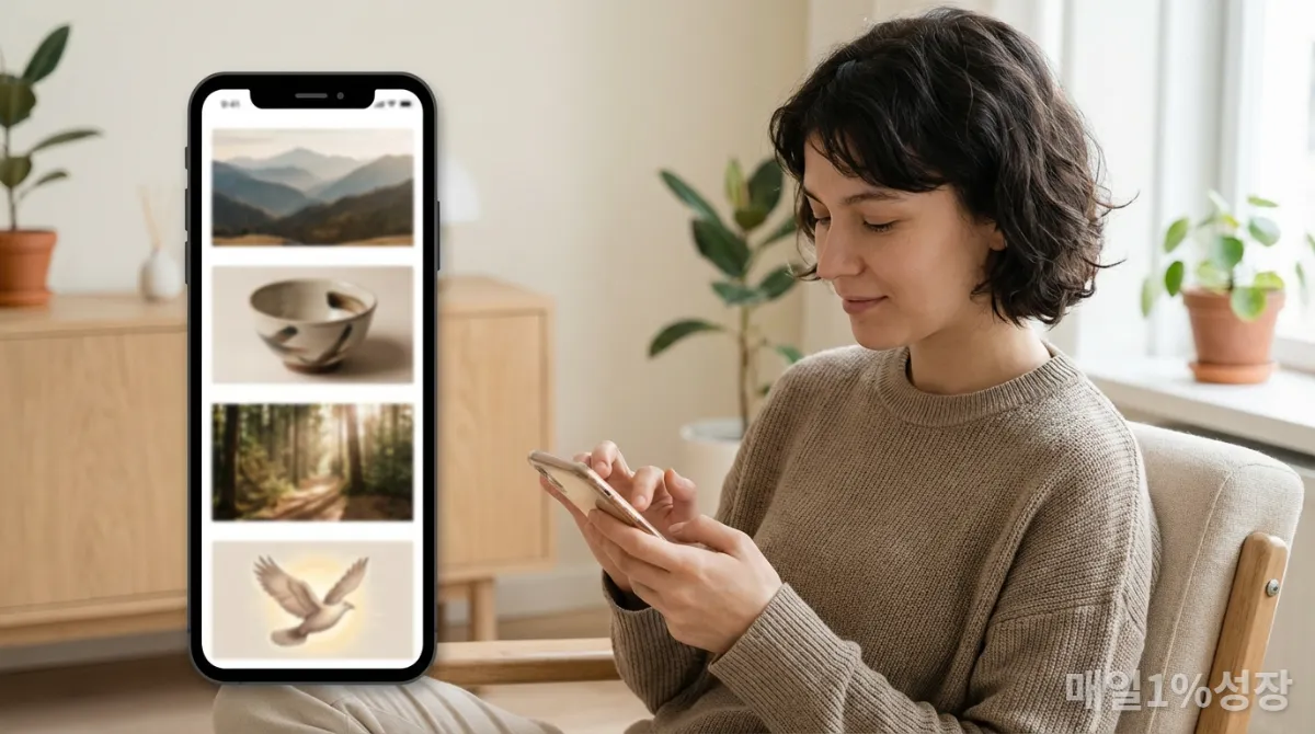 스마트폰으로 긍정적인 소셜 미디어 콘텐츠를 선별하여 보는 한국인
