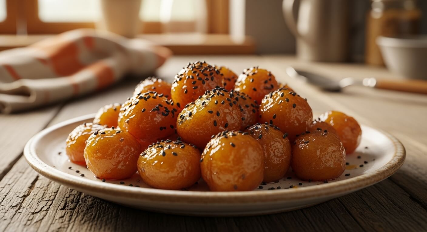 노릇하게 튀겨 달콤한 시럽을 입힌 고구마 맛탕. 바삭하고 윤기 나는 겉면과 검은깨 토핑이 특징.