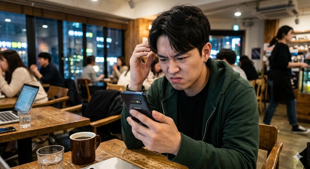 받기 싫은 전화를 보며 짜증이 난 남성