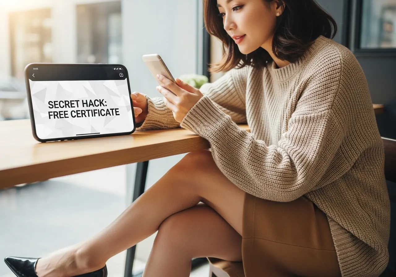 모던한 카페에서 세련된 복장의 젊은 한국인 여성이 스마트폰으로 'SECRET HACK: FREE CERTIFICATE'라는 정보를 보고, 흥미로운 표정을 짓고 있다