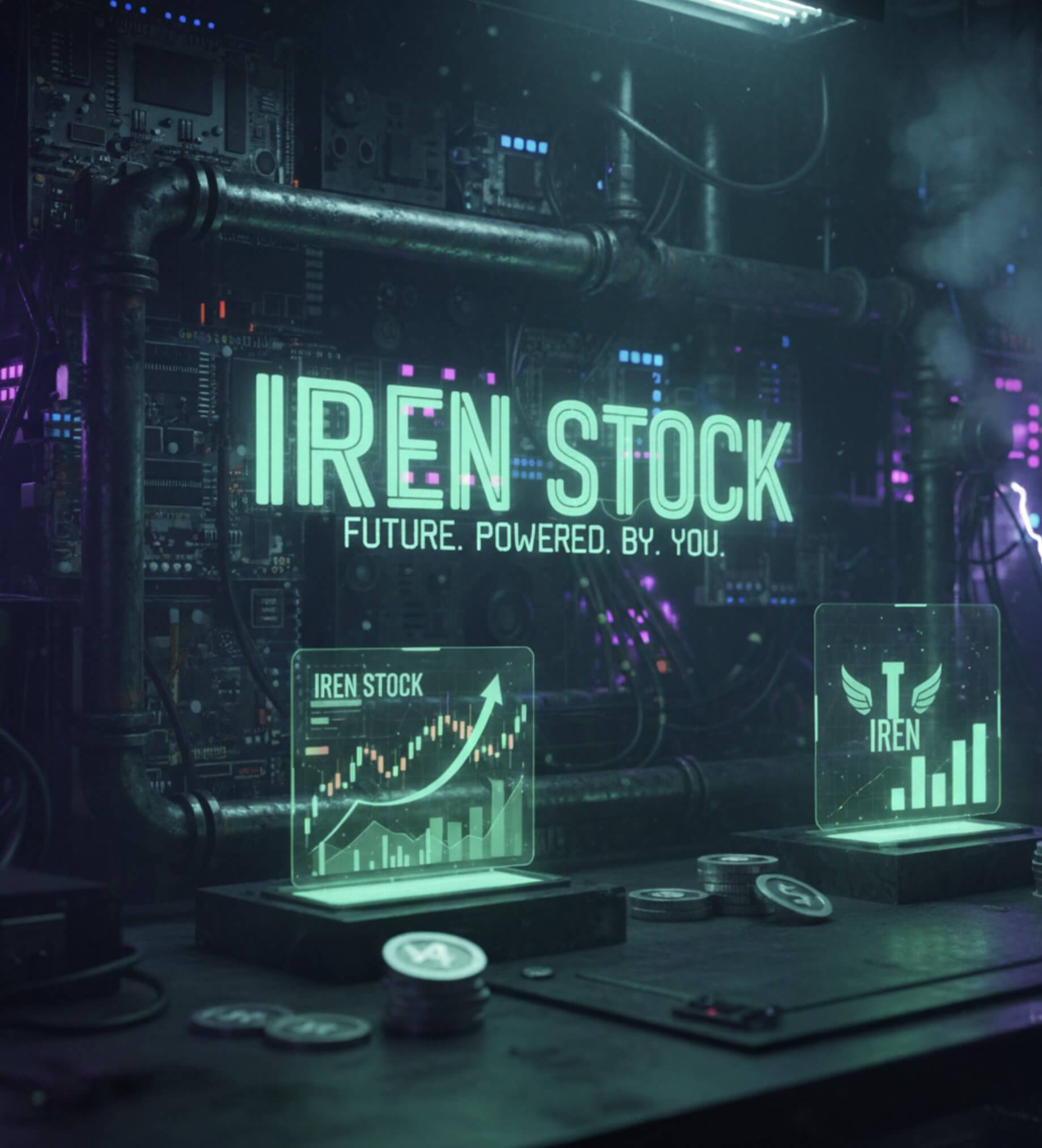 주식 시장의 성공을 상징하는 IREN 기업 로고 기반 이미지. 주가 상승 곡선과 재정적 이익을 나타내는 코인들이 포함되어 있습니다.