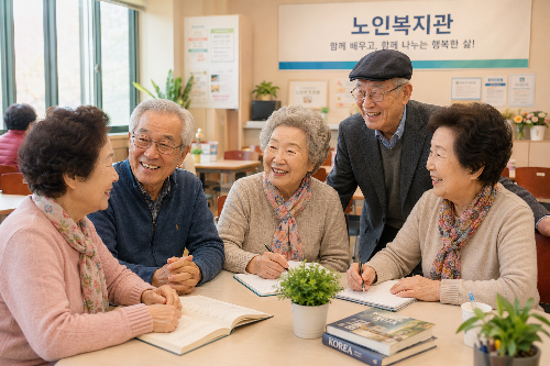 노인복지관 문화생활 강좌에서 환하게 웃으며 함께 공부하고 소통하는 시니어 어르신들의 모습