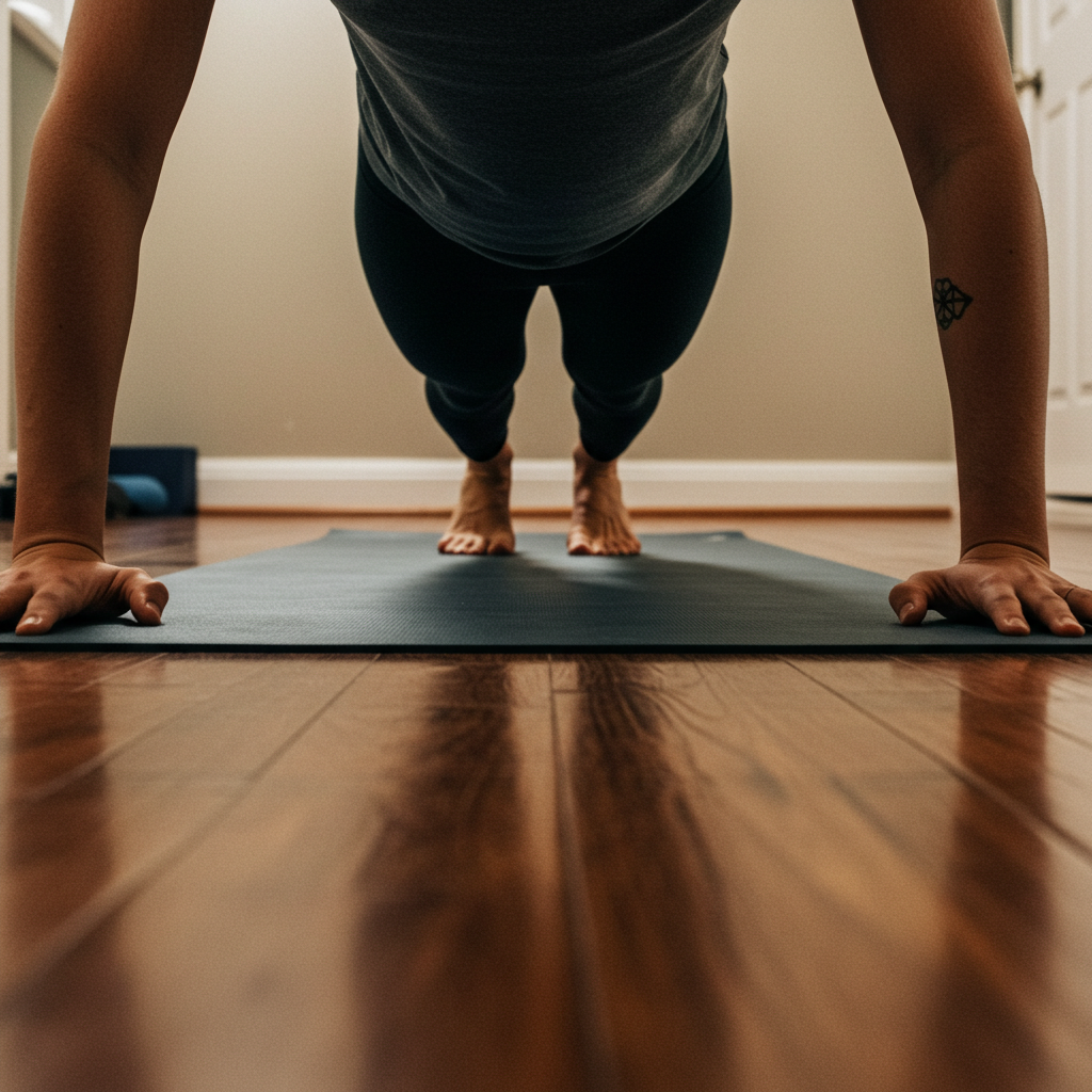 요가 매트 위에서 팔꿈치로 몸을 지탱하며 플랭크 자세를 유지하고 있는 모습