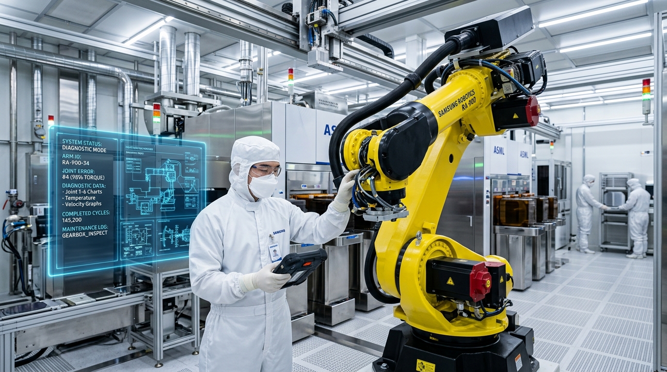 반도체 클린룸에서 자동화 설비의 수율을 세밀하게 점검하는 엔지니어