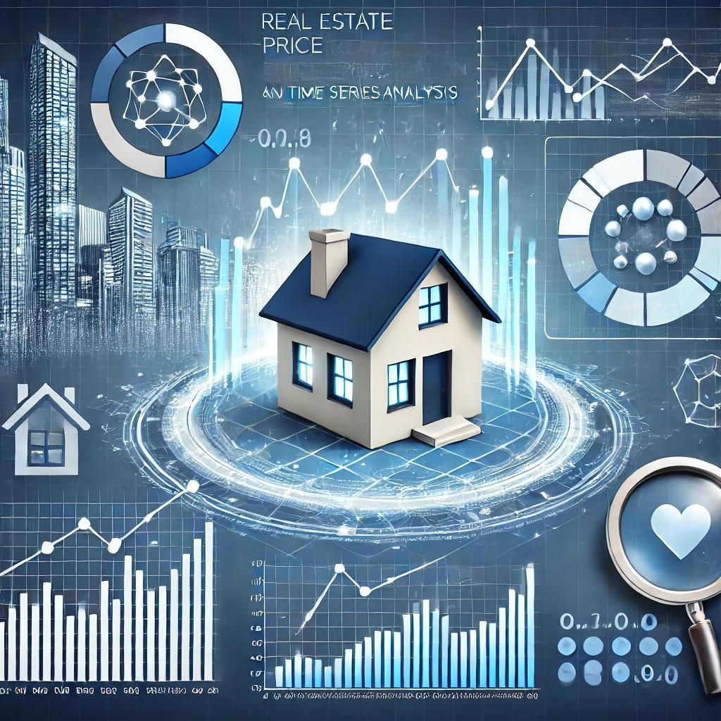 부동산 가격 예측을 위한 머신 러닝 및 시계열 분석 인포그래픽: 미래 도시 스카이라인, 상승 및 하강 차트, 신경망 아이콘, 그리고 돋보기로 주택을 분석하는 요소 포함