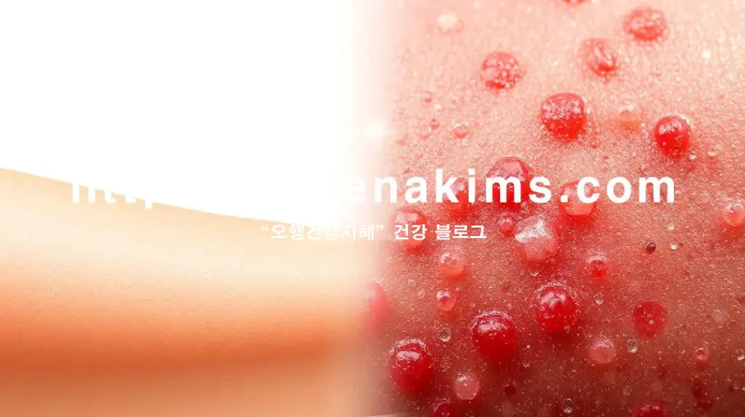 왼쪽은 촉촉하고 건강한 피부, 오른쪽 패널은 붉은색 물집이 잡힌 건선 특유의 염증과 은백색 인설을 표현한 이미지.