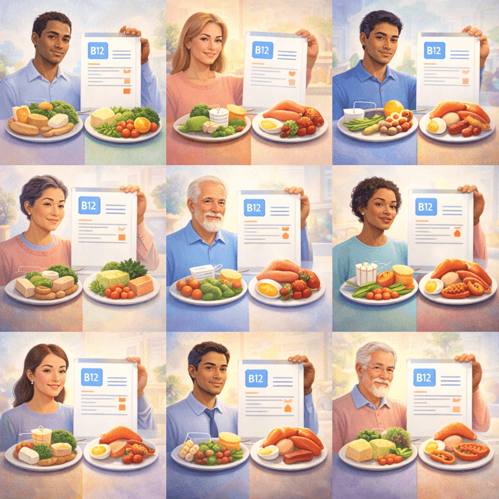 B12 부족 시 혈액 검사와 식단 관련 이미지
