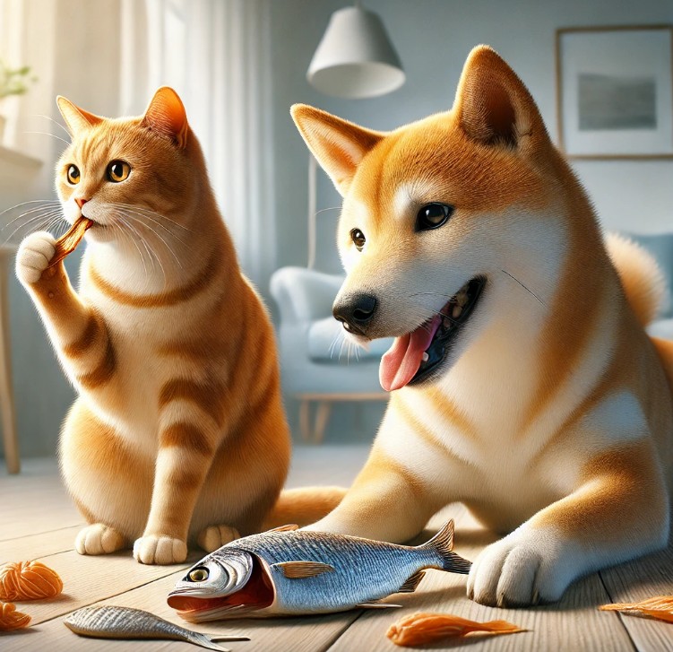 간식 먹는 고양이와 강아지 그림