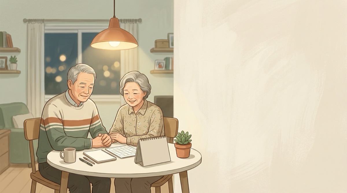연말 저녁 식탁에서 노부부가 달력을 보며 계획을 세우는 모습