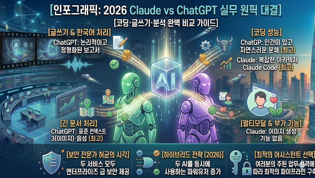 2026 Claude vs ChatGPT 실무 원픽 대결] 생성형 AI의 양대 산맥인 ChatGPT(GPT-4o)와 Claude(4.6 Opus)를 실무 관점에서 완벽하게 비교 분석한 인포그래픽. 좌측 그린 톤은 ChatGPT의 강점인 '멀티모달(이미지 생성)&middot;실시간 검색&middot;데이터 분석'을, 우측 퍼플 톤은 Claude의 강점인 '자연스러운 문체&middot;복잡한 코딩 아키텍처&middot;장문 문서 분석'을 대조하여 시각화함. 중앙에는 AI 핵심 코어 유닛이 두 모델의 지능적 결합을 상징하며, 하단에는 보안 전문가 허균의 시각으로 분석한 엔터프라이즈 보안 및 2026년형 하이브리드 워크플로우 전략 요약이 포함됨. [English: Infographic for 2026 Claude vs ChatGPT Professional Showdown. A comprehensive comparison guide between ChatGPT (GPT-4o) and Claude (4.6 Opus). The green-themed left side highlights ChatGPT's strengths in multimodal image generation and real-time search, while the purple-themed right side showcases Claude's superiority in natural writing and complex coding with Claude Code. The layout emphasizes secure AI deployment and the 2026 hybrid workflow strategy for professionals.]