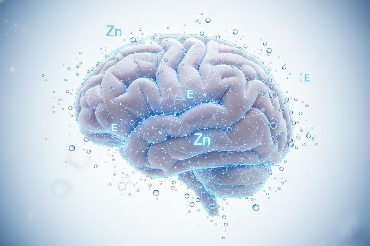 푸른 배경 위에 물방울과 연결선으로 둘러싸인 3D 뇌 모형과 Zn, E 글자가 보이는 이미지로, 포스파티딜세린과 아연&middot;비타민E를 통한 인지 기능 및 두뇌 건강, 수분 보습 컨셉을 표현한 그림