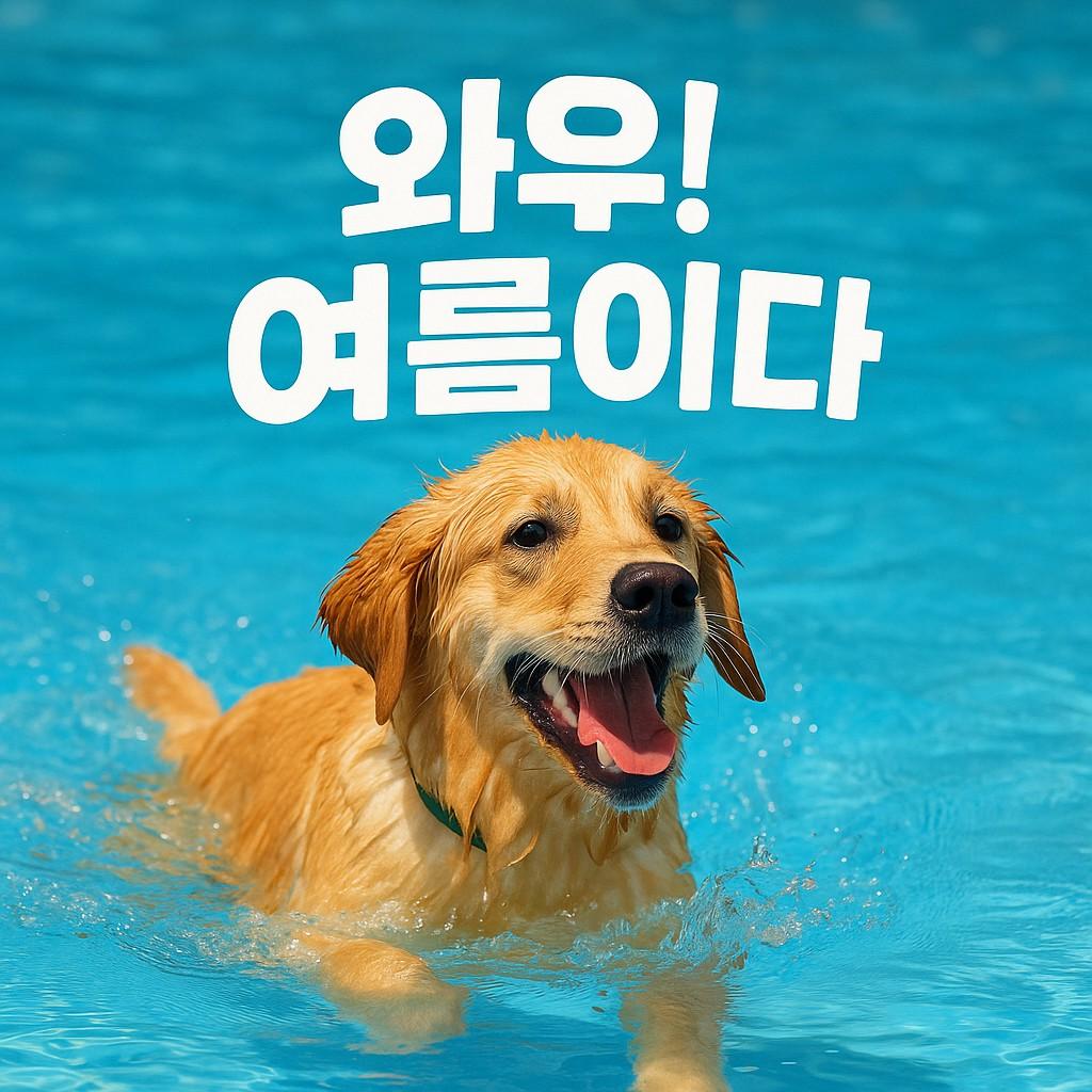 대형견 리트리버 강아지가 수영을 하며 웃고 있는 사진