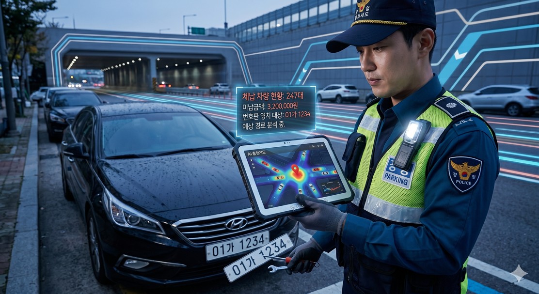 태블릿 PC를 들고 AI 출현지도를 확인하며 체납 차량 번호판을 영치하는 단속 요원의 모습
