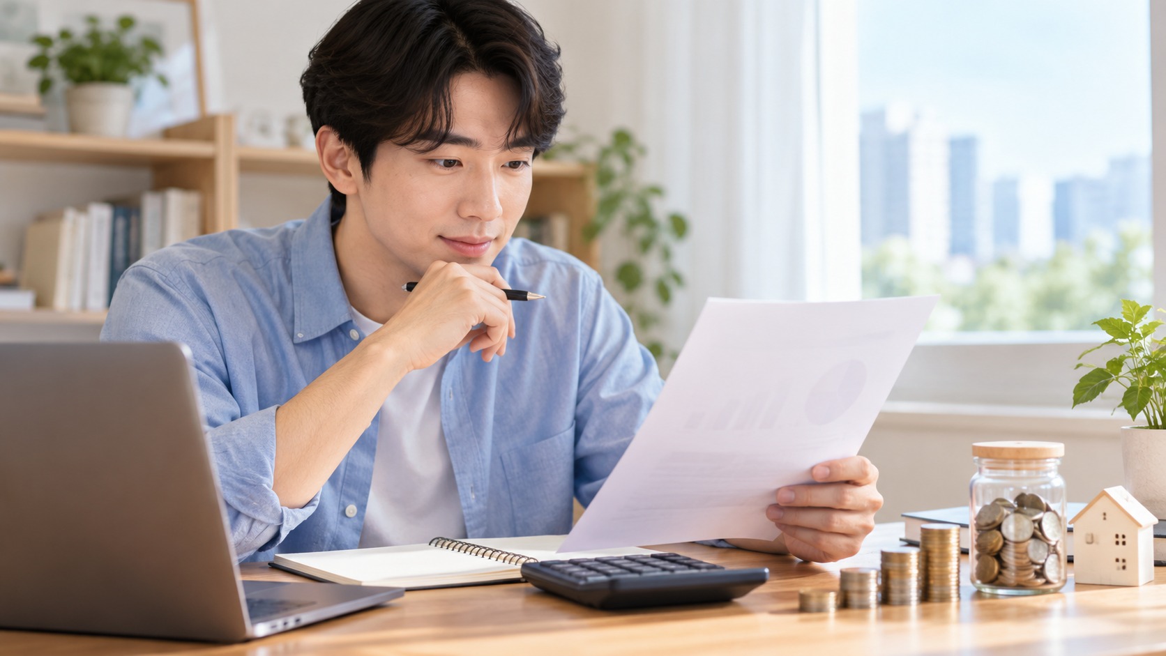 청년이 금융 서류를 보며 ISA 소득공제와 저축 계획을 확인하는 모습