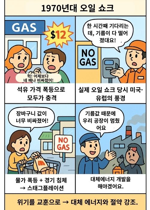 1970년대 오일 쇼크. 기름값 급등, 주유소 앞 기름 줄서기, 생활비 폭등과 공장 멈춤, 마지막은 에너지 절약과 대체 에너지의 교훈을 알려주는 4컷 만화