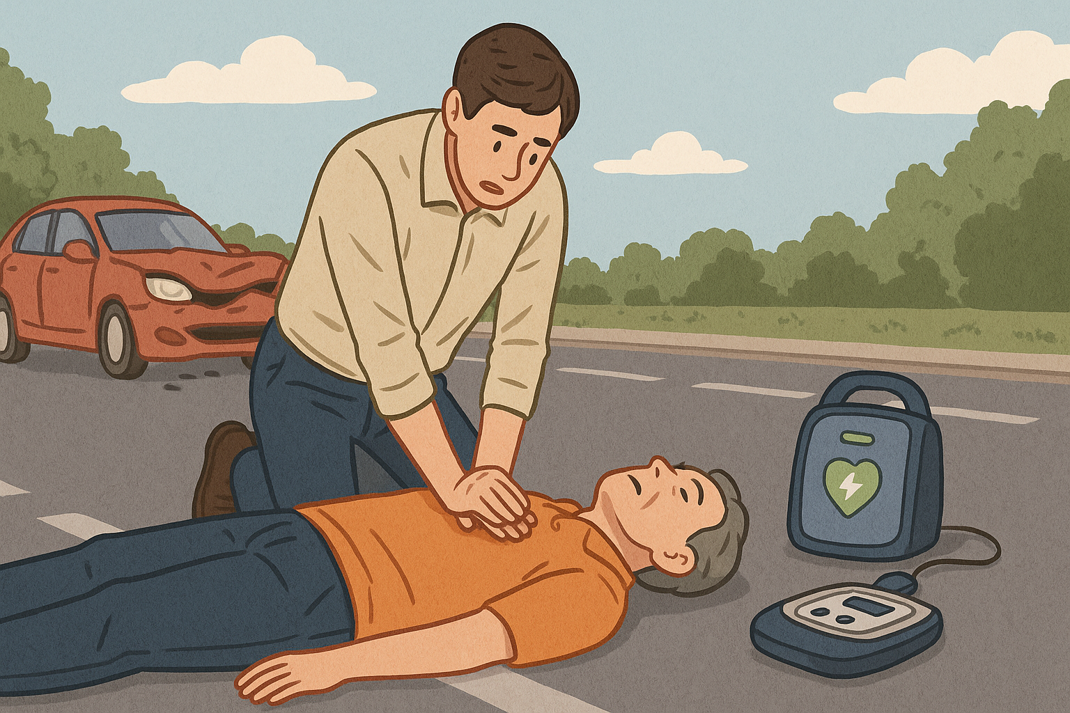 교통사고 현장에서 부상자에게 심폐소생술을 시행하는 일반인과 옆에 놓인 AED 기기