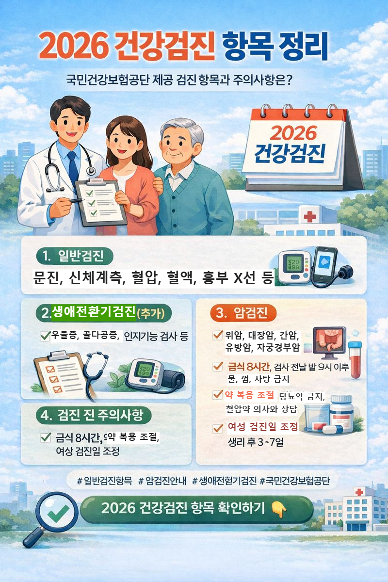 2026년 국가건강검진 항목을 정리한 인포그래픽으로 일반검진, 생애전환기검진, 암검진, 검진 전 주의사항을 한눈에 안내