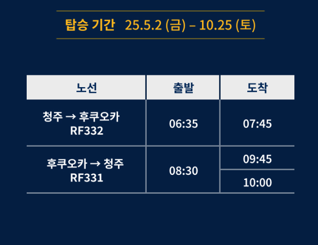 청주~후쿠오카 신규 항공편 운항 일정