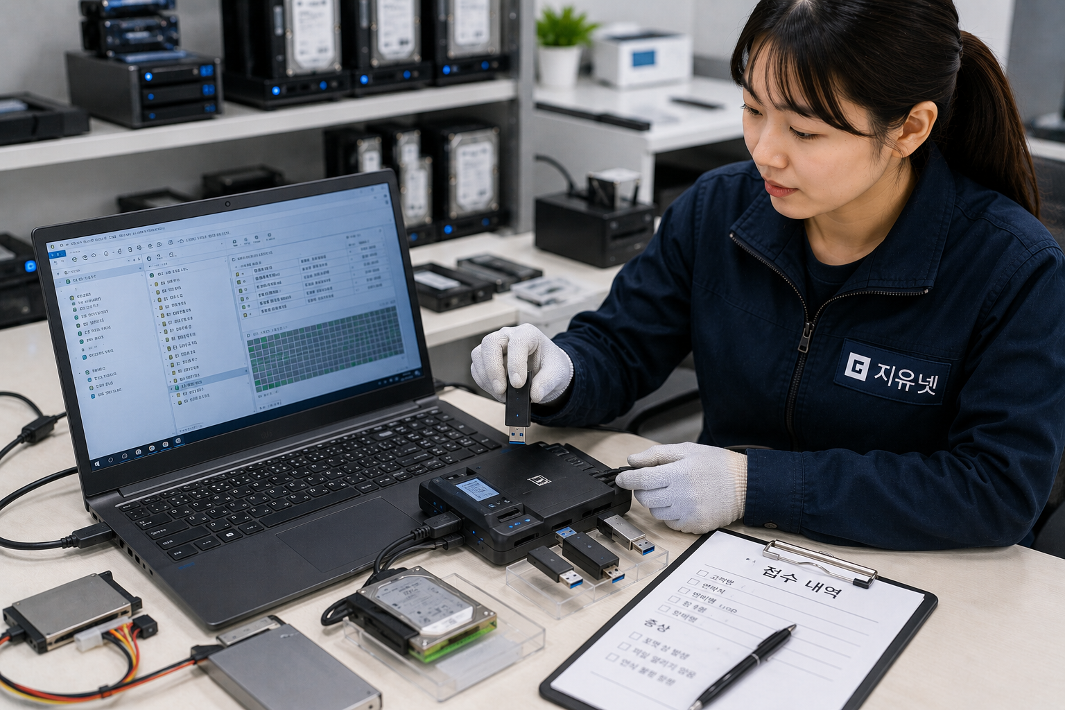 포맷 전 USB 상태와 파일명 표시 여부를 점검 장비와 노트북으로 확인하는 작업 장면