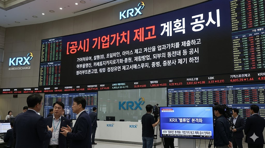 한국거래소(KRX) 전광판에 '기업가치 제고 계획 공시'가 뜨는 뉴스 화면이나 객장 사진