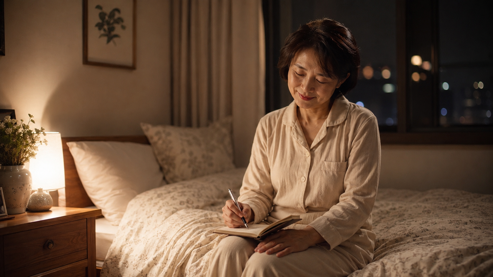 밤마다 머릿속을 맴도는 잡생각과 걱정들을 잠재우기 위해, 50대 여성이 침대 곁 따뜻한 조명 아래서 편안하고 홀가분한 표정으로 종이 노트에 생각들을 적어 내려가는 '브레인 덤프(Brain Dump)' 실천 모습