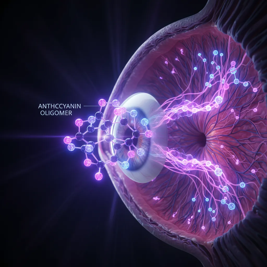 "안토시아닌 올리고머 분자가 눈의 미세혈관에 작용하는 것을 시각화한 의학 이미지"