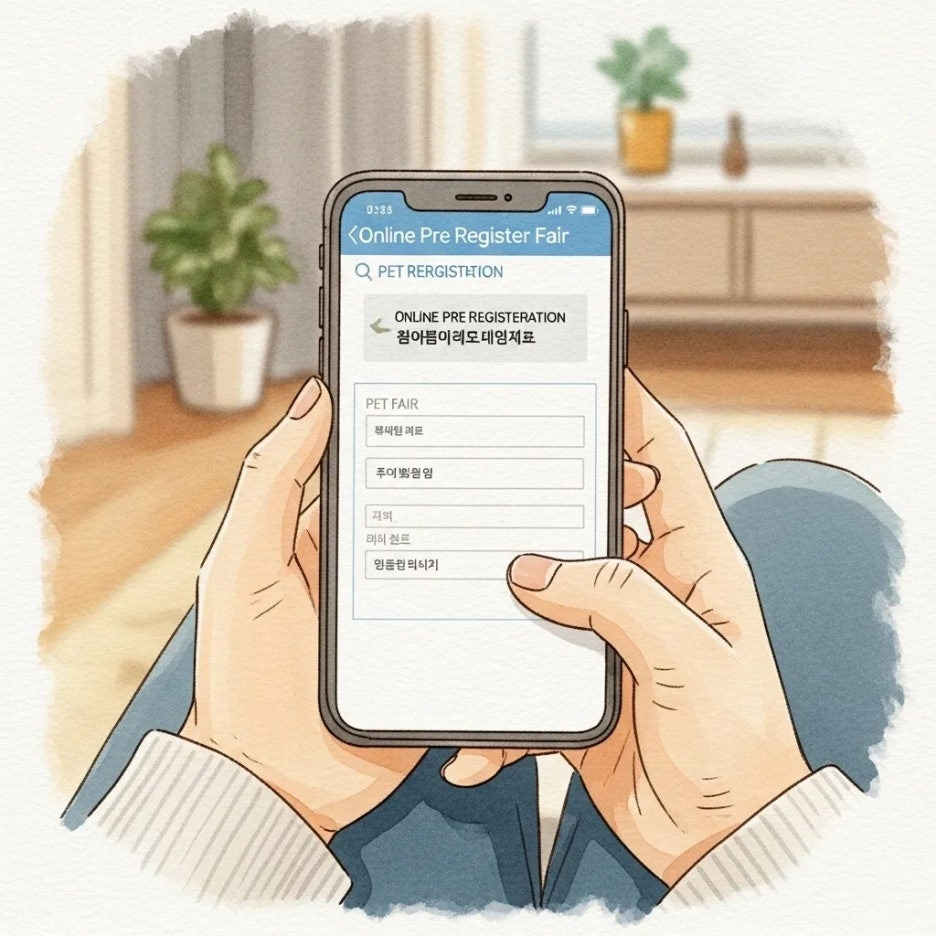 스마트폰으로 펫쇼 사전예약하는 손