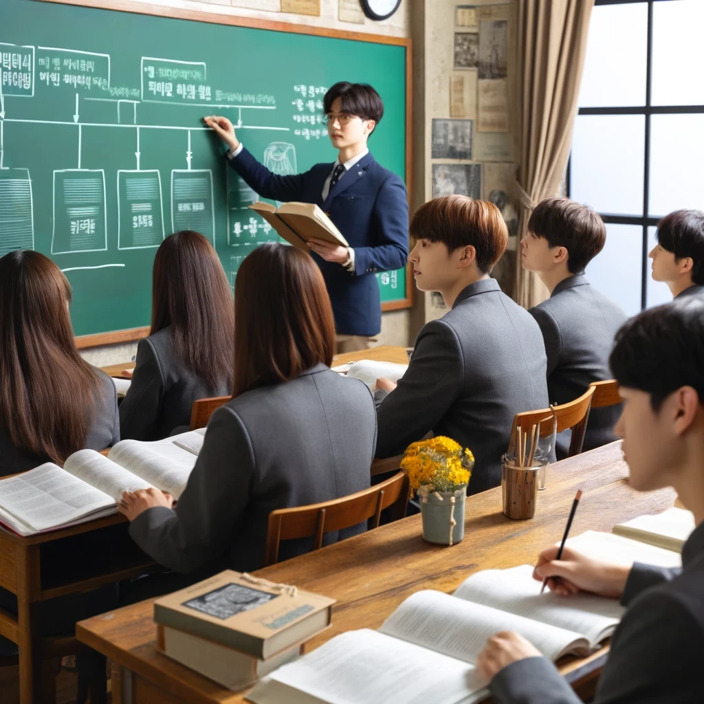 교실에서 교사가 칠판을 사용해 한국사 능력 검정시험 준비를 지도하는 장면. 학생들은 책과 노트를 활용하며 집중적으로 학습하는 모습