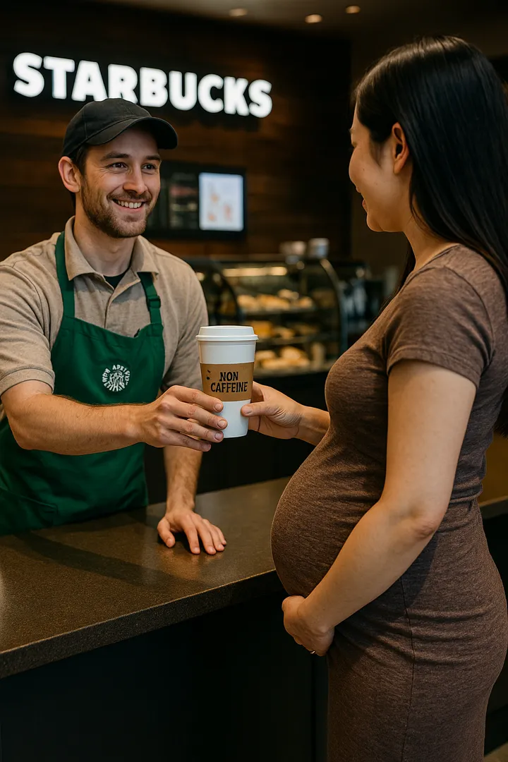 스타벅스 직원이 임산부에게 논카페인 음료 전달