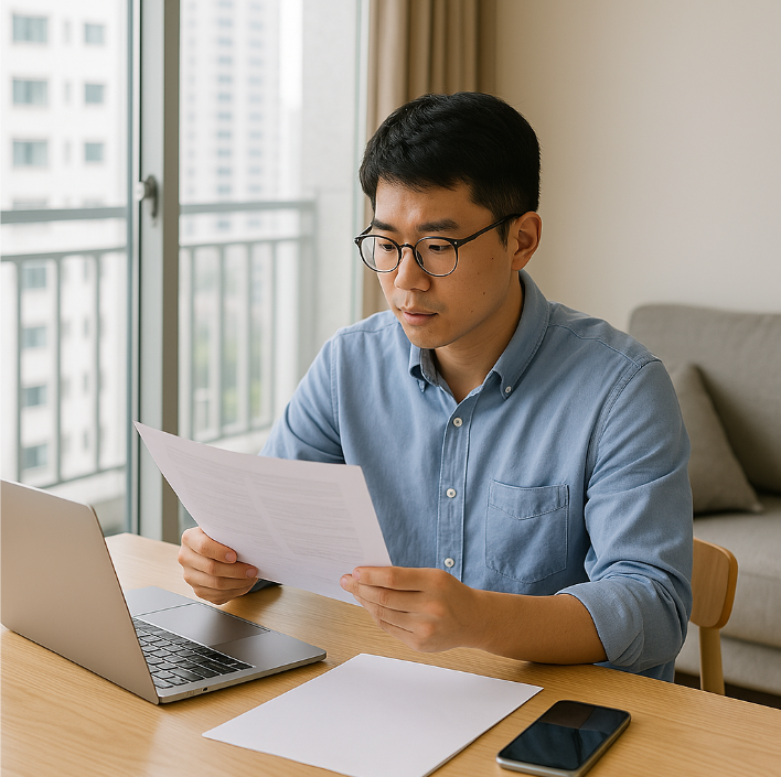 아파트에서 문서를 검토하고 있는 안경 쓴 남성의 모습