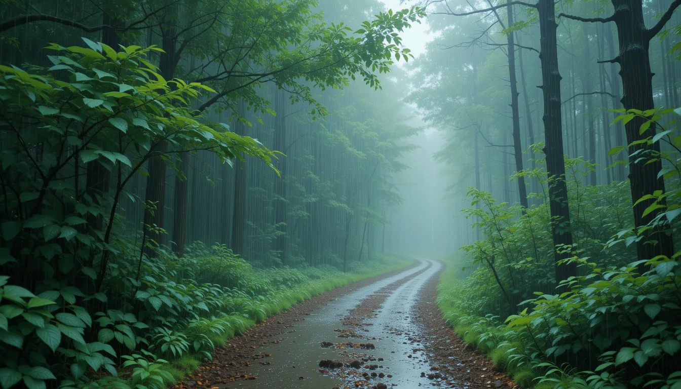 비 내리는 고요한 숲길, 잎 위 반짝이는 빗방울, 안개 낀 회색 하늘, 나뭇잎에 닿는 비의 잔잔한 소리, 젖은 흙과 초록의 상쾌한 냄새, 피부에 닿는 차가운 비, 공기 중 소나무 향, 파스텔 그린과 그레이 톤, 고해상도 4K, 독창적 구성.
