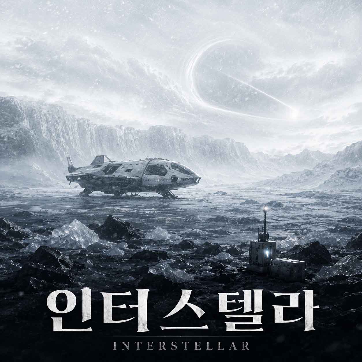 인터스텔라 영화를 나타내는 이미지, 눈과 얼음으로 뒤덮인 황량한 외계 행성을 배경으로 우주선과 탐사 장비가 놓여 있고 하늘에 거대한 천체가 보이는 장면