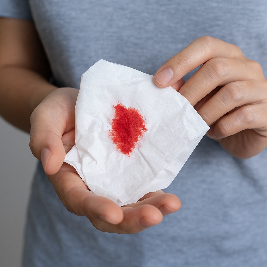 휴지 위에 뱉은 가래에 선명한 붉은 피가 묻어 있는 모습(출처: 자체제작)