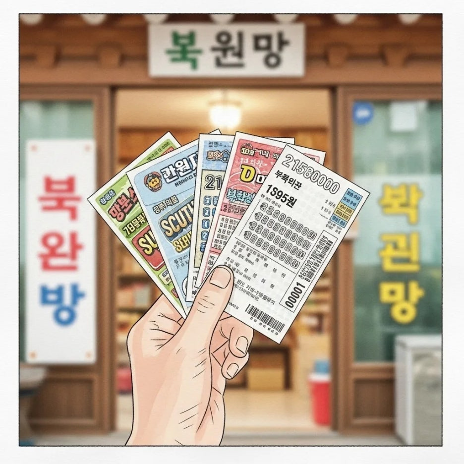 몇 장의 로또 용지를 손에 들고 설레는 모습.